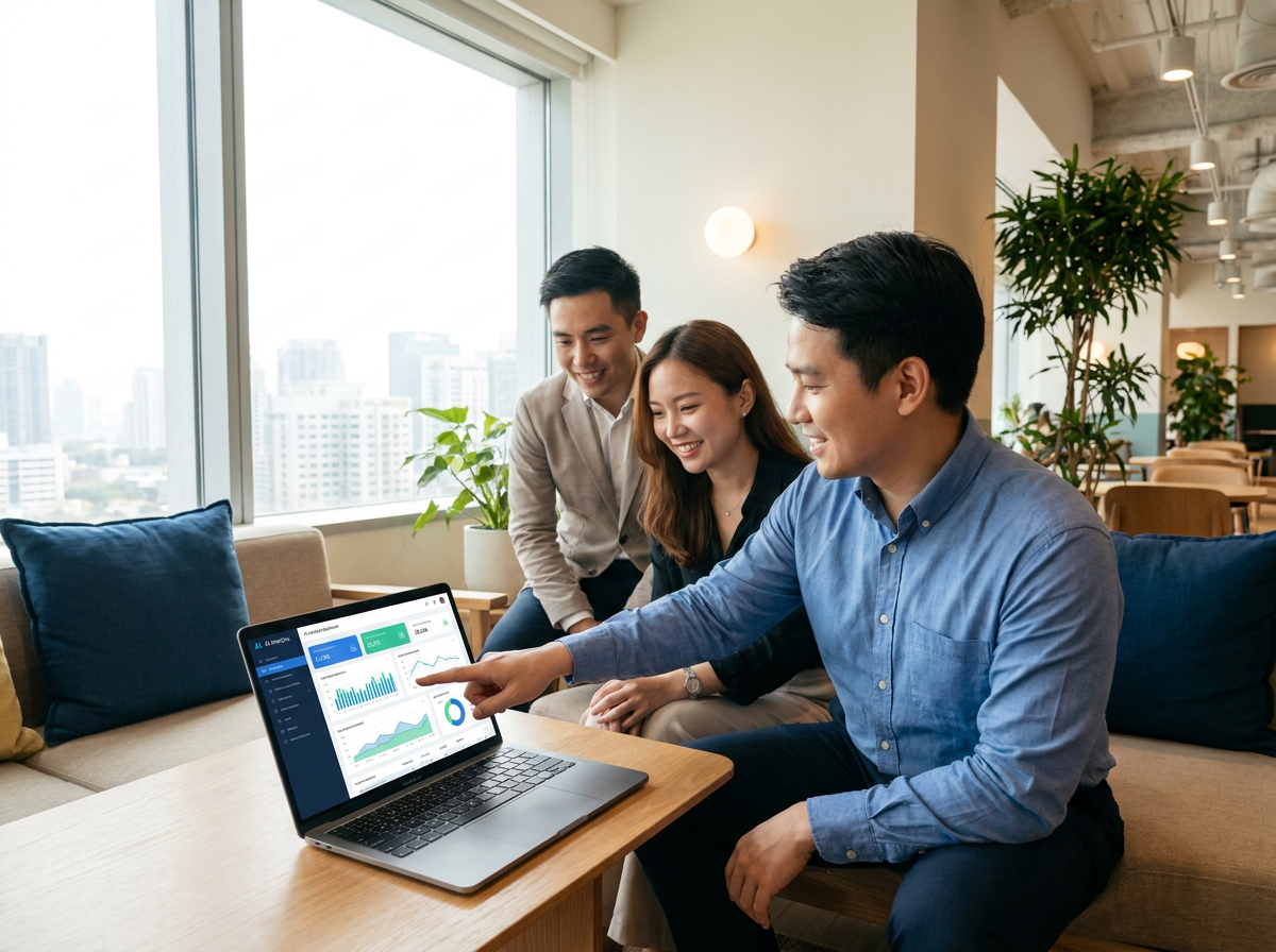 Business team collaborating with AI tools