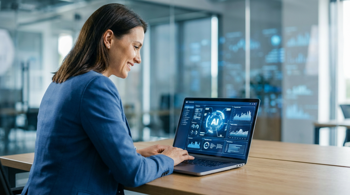 Business professional using AI tools on laptop